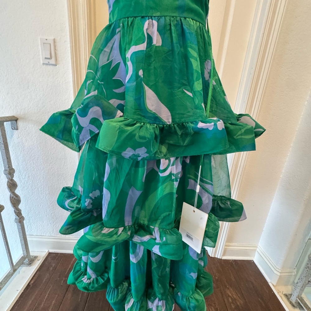 🦄 NWT Mac Duggal Sz 2 Printed Chiffon Green Floral A-Line Tiered Ruffle Skirt - Picture 4 of 16